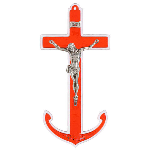 Red Murano glass crucifix with metal body, 6x3 in 1