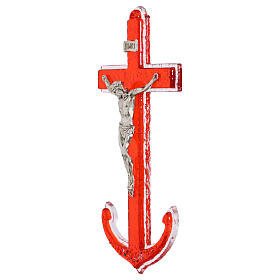 Crucifijo vidrio de Murano rojo ancla cuerpo metal 16x8 cm
