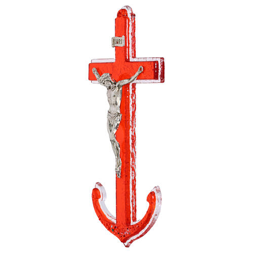 Crucifixo de vidro de Murano vermelho com corpo de metal 16x8 cm 2