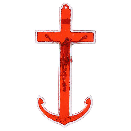 Crucifixo de vidro de Murano vermelho com corpo de metal 16x8 cm 3