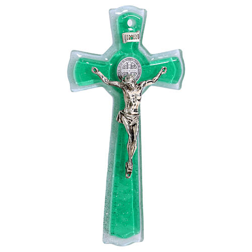 Double cross of green glass, metal body of Christ and St. Benedict medal, 6x3 in 1