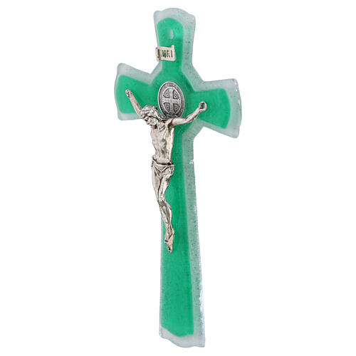 Cruz círculo doble San Benito vidrio verde cuerpo metal 16x8 cm 3