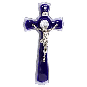 Double purple glass cross with metal body and medal of St. Benedict, 6x3 in