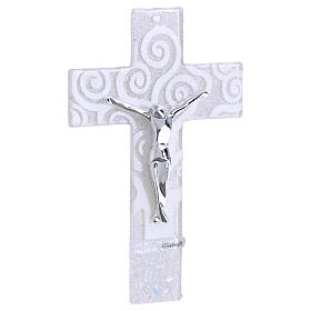 Cruz Árbol de la Vida vidrio blanco purpurina y cuerpo plateado 16x10 cm