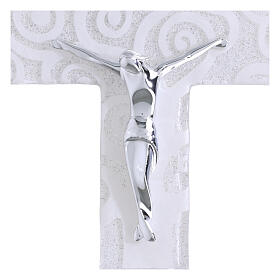 Cruz Árbol de la Vida vidrio blanco purpurina y cuerpo plateado 16x10 cm