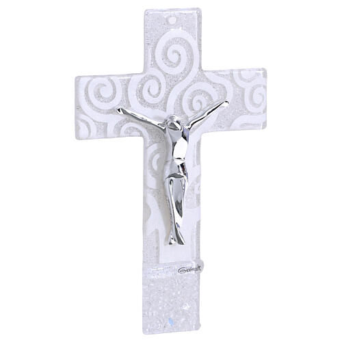 Cruz Árbol de la Vida vidrio blanco purpurina y cuerpo plateado 16x10 cm 1