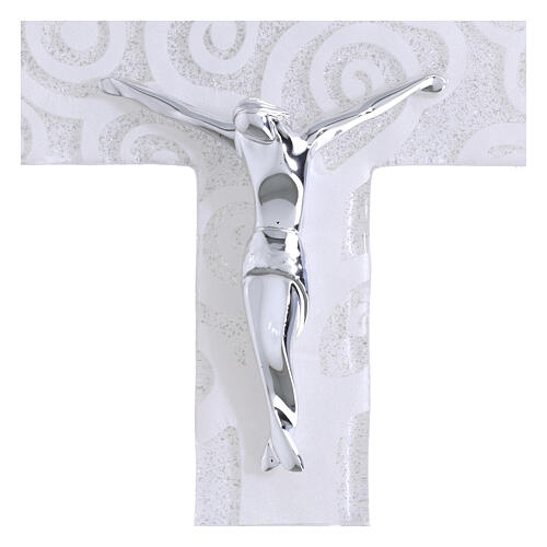 Cruz Árbol de la Vida vidrio blanco purpurina y cuerpo plateado 16x10 cm 2