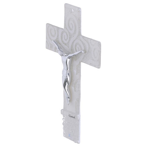 Cruz Árbol de la Vida vidrio blanco purpurina y cuerpo plateado 16x10 cm 3