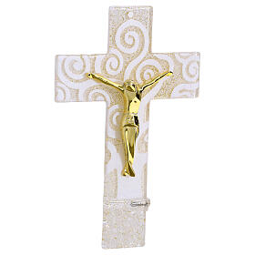 Cruz Árbol de la Vida 16x10 cm vidrio blanco purpurina y cuerpo dorado