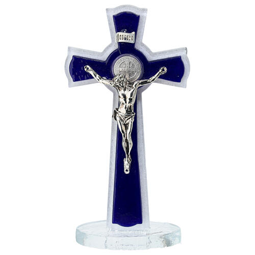 Double purple glass standing crucifix with metal body and Saint Benedict medal, 6x3 in 1