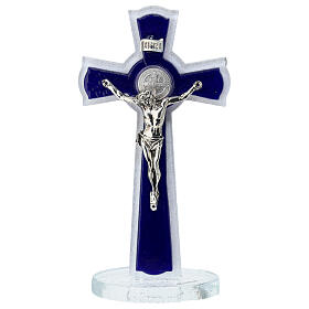Croix double avec base verre violet médaille Saint Benoît et corps en métal 16x8 cm