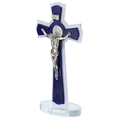 Cruz dupla com base vidro roxo medalha São Bento e corpo metal 16x8 cm 2