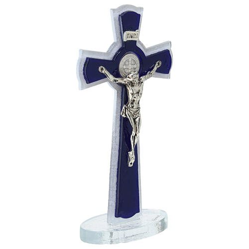 Cruz dupla com base vidro roxo medalha São Bento e corpo metal 16x8 cm 3