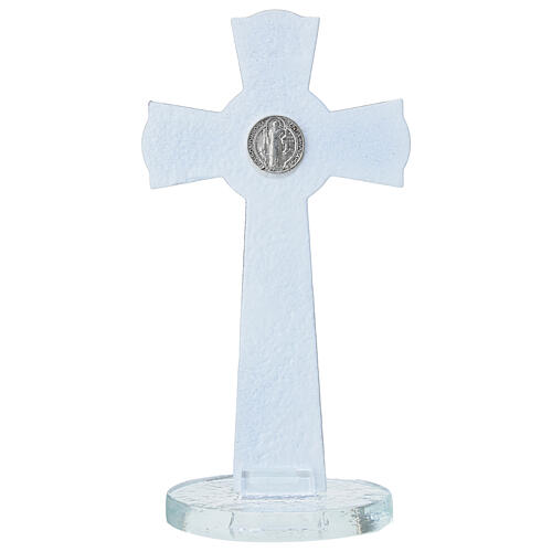 Cruz dupla com base vidro roxo medalha São Bento e corpo metal 16x8 cm 4