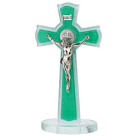 Double green glass cross with circular base, metal body of Christ and medal of St. Benedict, 6x3 in