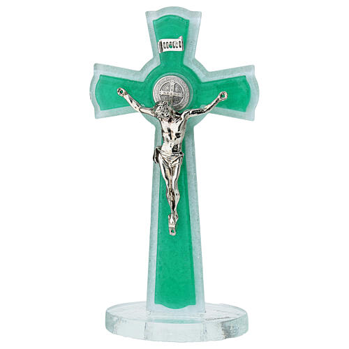 Double green glass cross with circular base, metal body of Christ and medal of St. Benedict, 6x3 in 1