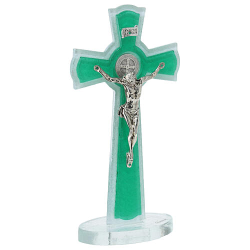 Double green glass cross with circular base, metal body of Christ and medal of St. Benedict, 6x3 in 3