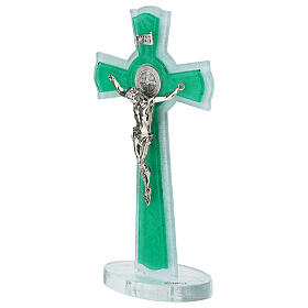 Cruz doble círculo con base San Benito vidrio verde cuerpo metal 16x8 cm