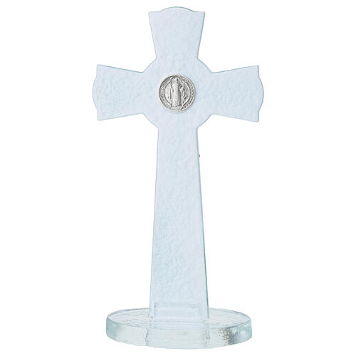 Cruz dupla base vidro verde com corpo metal e medalha São Bento 16x8 cm 4