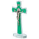 Cruz dupla base vidro verde com corpo metal e medalha São Bento 16x8 cm s2
