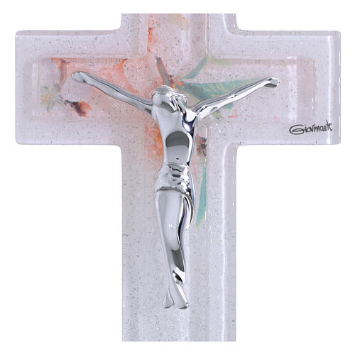 Double glass cross with floral pattern, modern silver body, 6x3.5 in 2