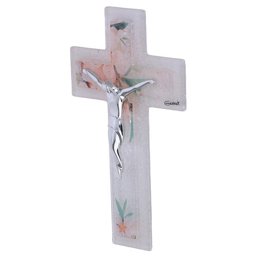 Double glass cross with floral pattern, modern silver body, 6x3.5 in 3
