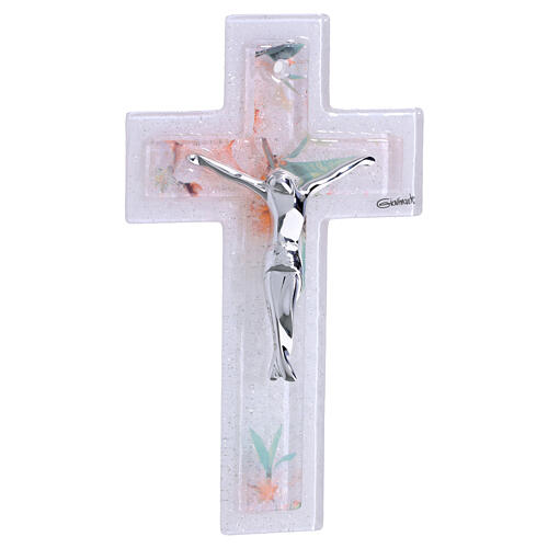 Croix double en verre, motifs floraux, design moderne argenté 16x9 cm 1