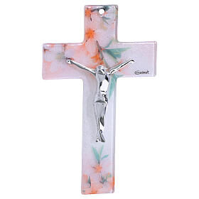 Cruz vidrio blanco 16x10 cm decoración flores cuerpo plateado