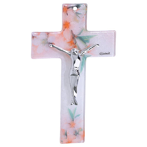 Crocefisso vetro bianco 16x10 cm decoro fiori corpo argentato 1