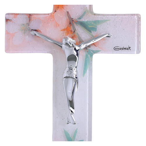 Crocefisso vetro bianco 16x10 cm decoro fiori corpo argentato 2