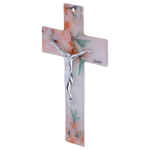 Crocefisso vetro bianco 16x10 cm decoro fiori corpo argentato 3
