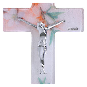 Crucifixo vidro branco 16x10 cm decoração flores corpo prateado