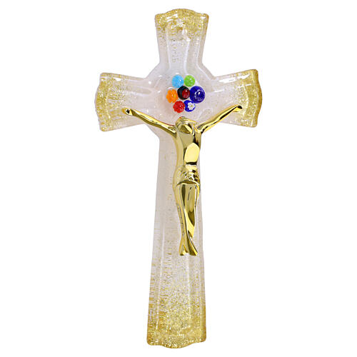 Cruz de vidrio de Murano purpurina oro murrinas coloridas cuerpo dorado 16x9 cm 1