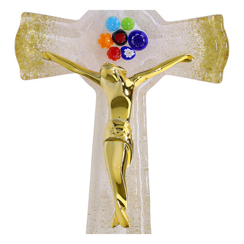 Cruz de vidrio de Murano purpurina oro murrinas coloridas cuerpo dorado 16x9 cm 2