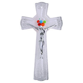 Murano glass cross with silver glitter, coloured murrine, silver body, 6x3.5 in