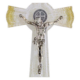 Wall cross in white glass with gold glitter, metal body and St. Benedict medal, 6x3 in