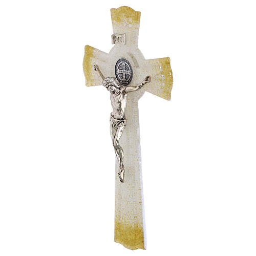 Wall cross in white glass with gold glitter, metal body and St. Benedict medal, 6x3 in 3