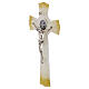 Wall cross in white glass with gold glitter, metal body and St. Benedict medal, 6x3 in s3