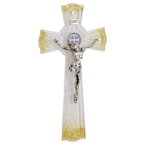 White Glass Cross with St Benedict Medal Gold Glitter, 16x9 cm 1
