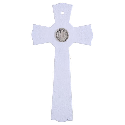 White glass cross with glitter, 6x3.5 in, metal body and St. Benedict medal 4