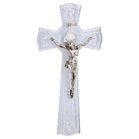 Crucifix Saint Benoît 16x9 cm verre blanc pailleté argent corps en métal
