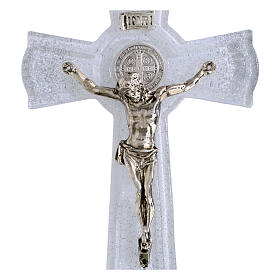 Crucifix Saint Benoît 16x9 cm verre blanc pailleté argent corps en métal