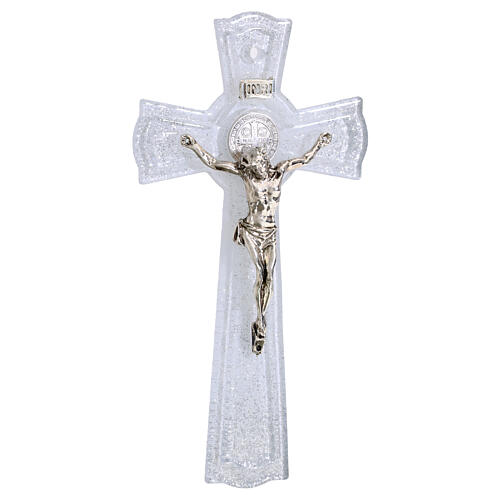 Crocefisso San Benedetto 16x9 cm vetro bianco glitter corpo metallo 1