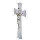 Crucifixo São Bento 16x9 cm vidro branco com purpurina prata corpo metal s3