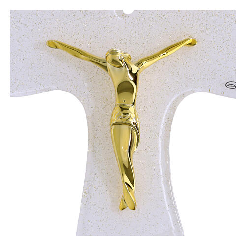 Tau cross, 6x5 in, white glass with golden glitter and body 2