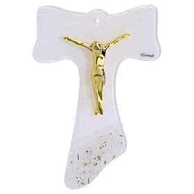 Cruz Tau 16x12 cm vidrio blanco purpurina y cuerpo dorados