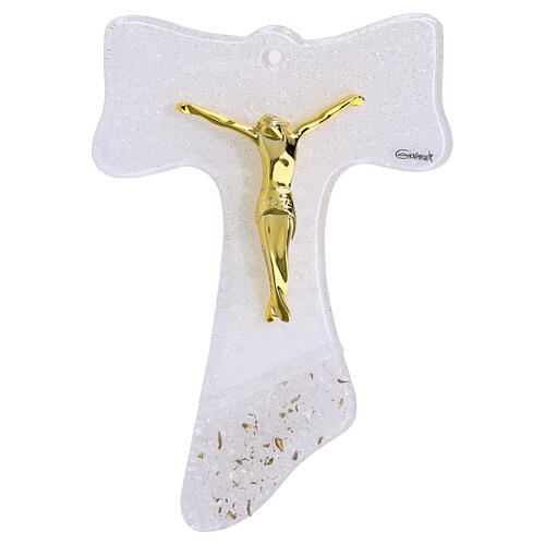 Cruz Tau 16x12 cm vidrio blanco purpurina y cuerpo dorados 1
