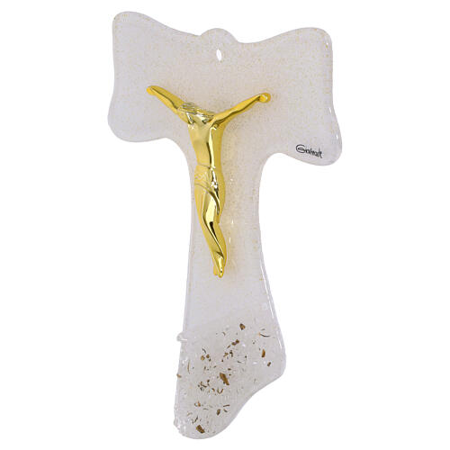 Cruz Tau 16x12 cm vidrio blanco purpurina y cuerpo dorados 3