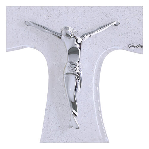 Tau-Kreuz aus weißem Glas mit Glitter und silberfarbenem Korpus – 16 × 12 cm 2