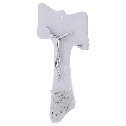 Croce Tau 16x12 cm vetro bianco glitter e corpo argento 3